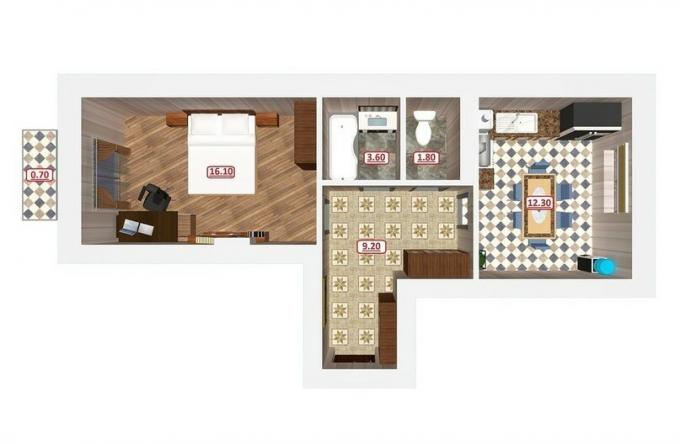 Stüdyo daire-yelek: Sol yatak odası, sağa - mutfak