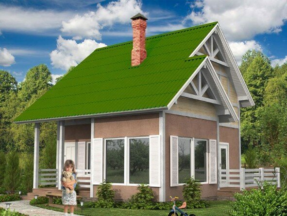 yeşil çatılı evin Cephesi. Fotoğraf kaynağı: dom-bt.com